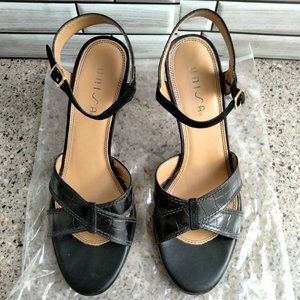 Strappy Black Leather Wood Heels